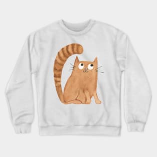 CUTE CAT WATERCOLOR DESIGN - Orange Cat with Striped Tail Painting Crewneck Sweatshirt